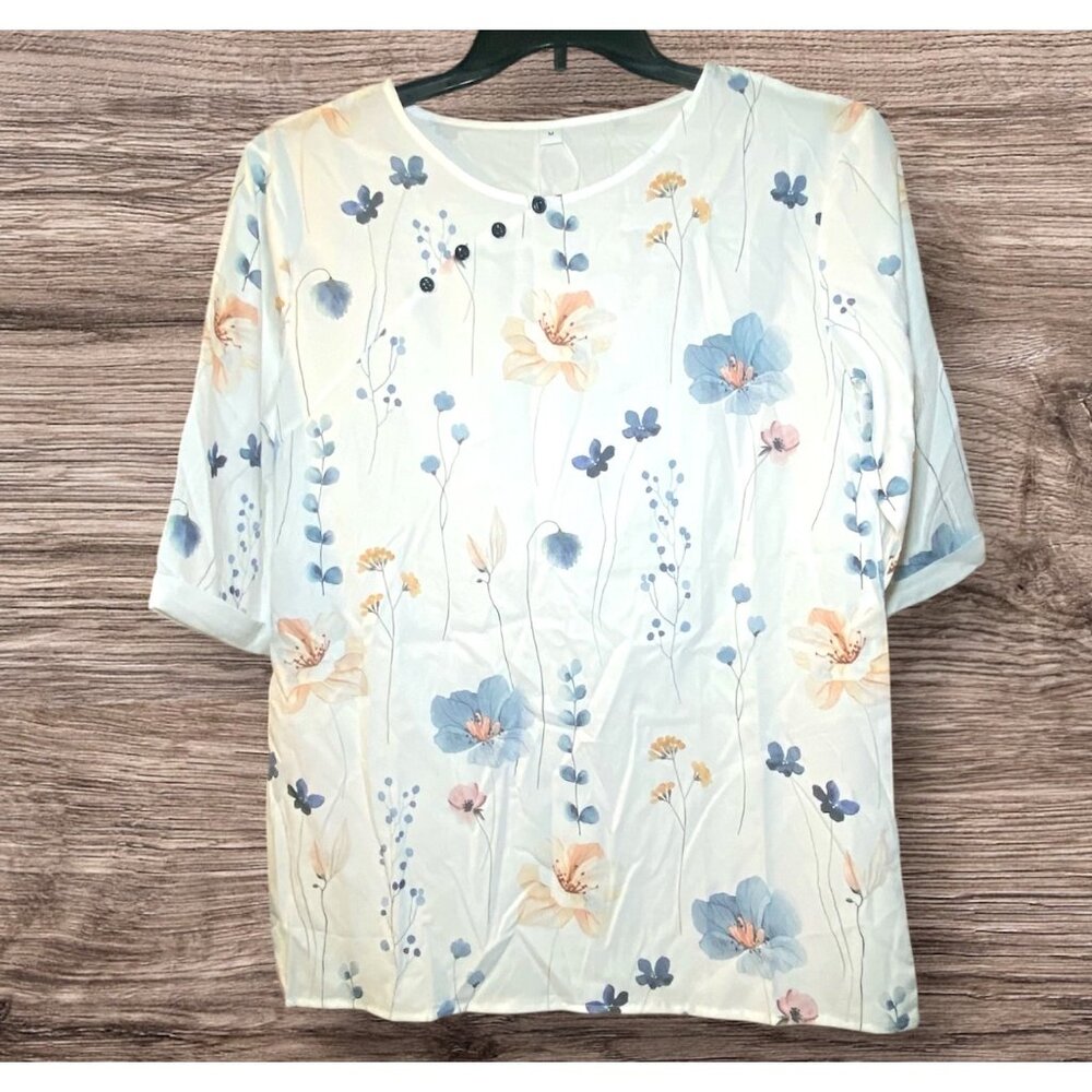 Floral Print 3/4 Sleeve Womens Blouse Size M Cottagecore Fairy Lightweight